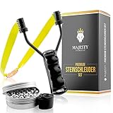 Majesty Forest® Premium Steinschleuder Set - Profi Schleuder Zwille für Sport und Outdoor - Slingshot Bundle mit 100 Stahlkugeln + Ersatzgummi und E-Book