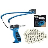 Oramics Steinschleuder Slingshot Set - 1x Portable Zwille Sportschleuder mit integriertem Munition Spender 1x Ersatzgummi 100x 6mm Kugel und 1x eBook zur Handhabung (Blau)